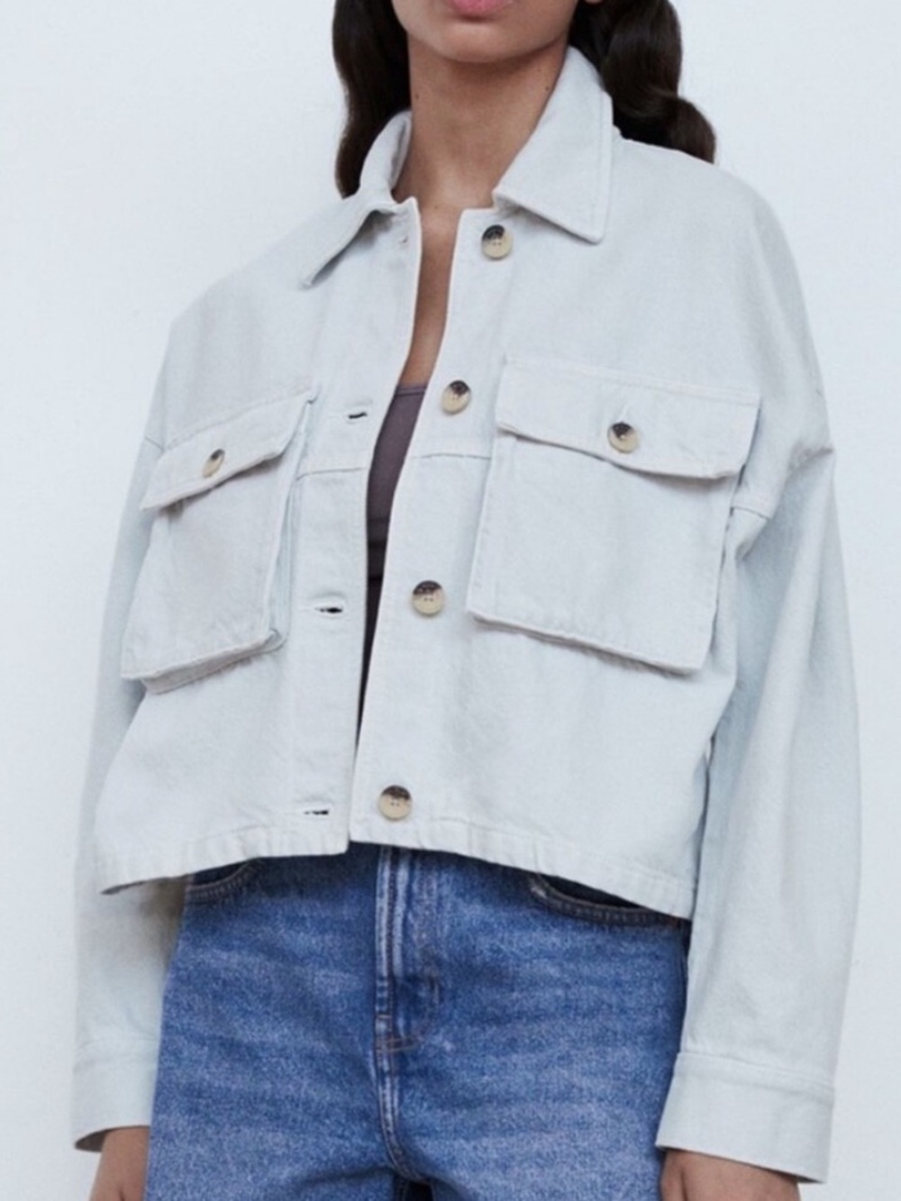 ZARA TRF PALE BLUE LARGE POCKET JACKET WOMENS, SIZE SMALL CROPPED NEW W TAGS